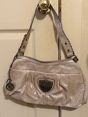 Nicole Metallic Taupe Shoulder Bag with Crest Emblem